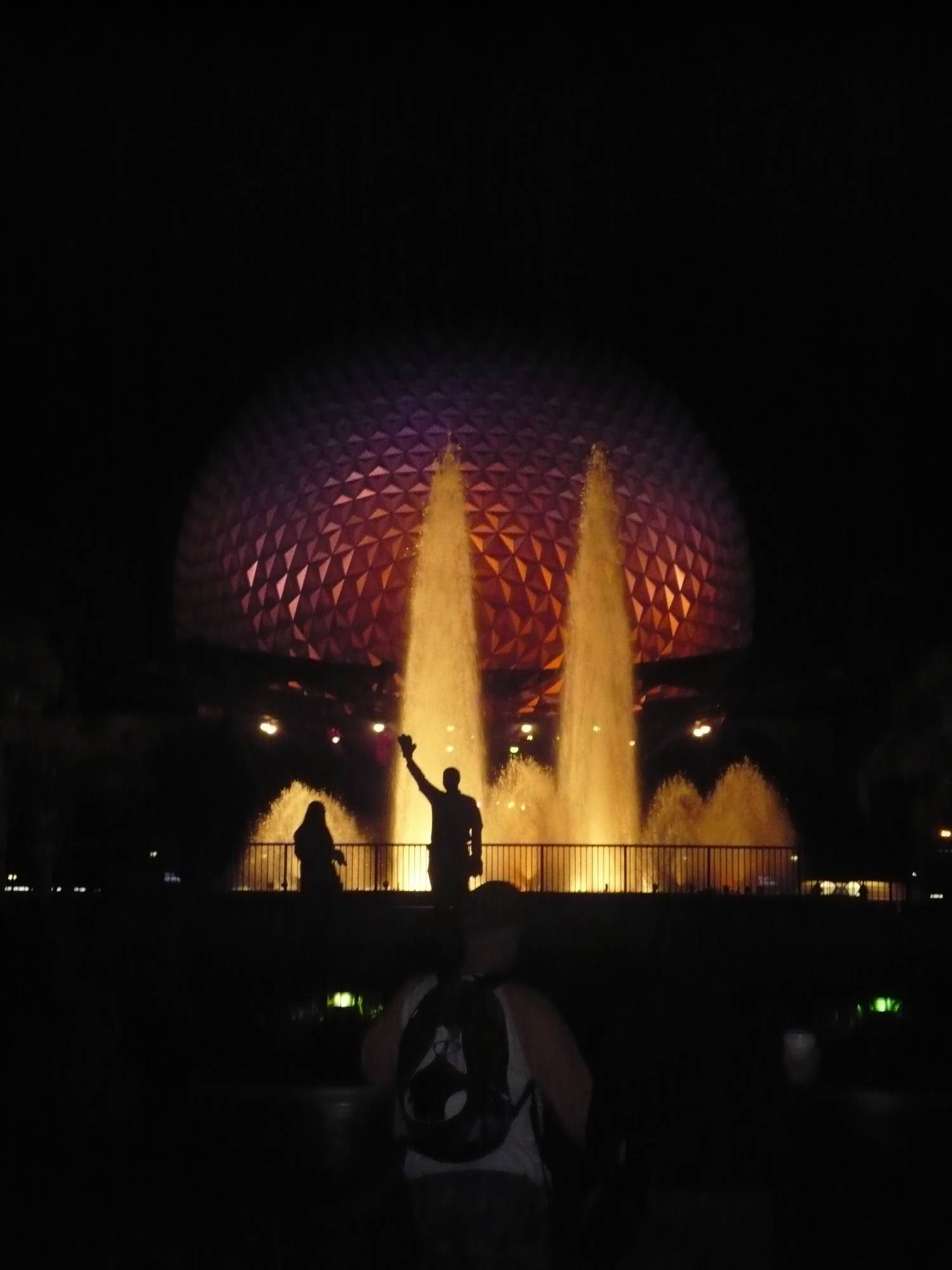 Spaceship Earth with Waterfalls at Night