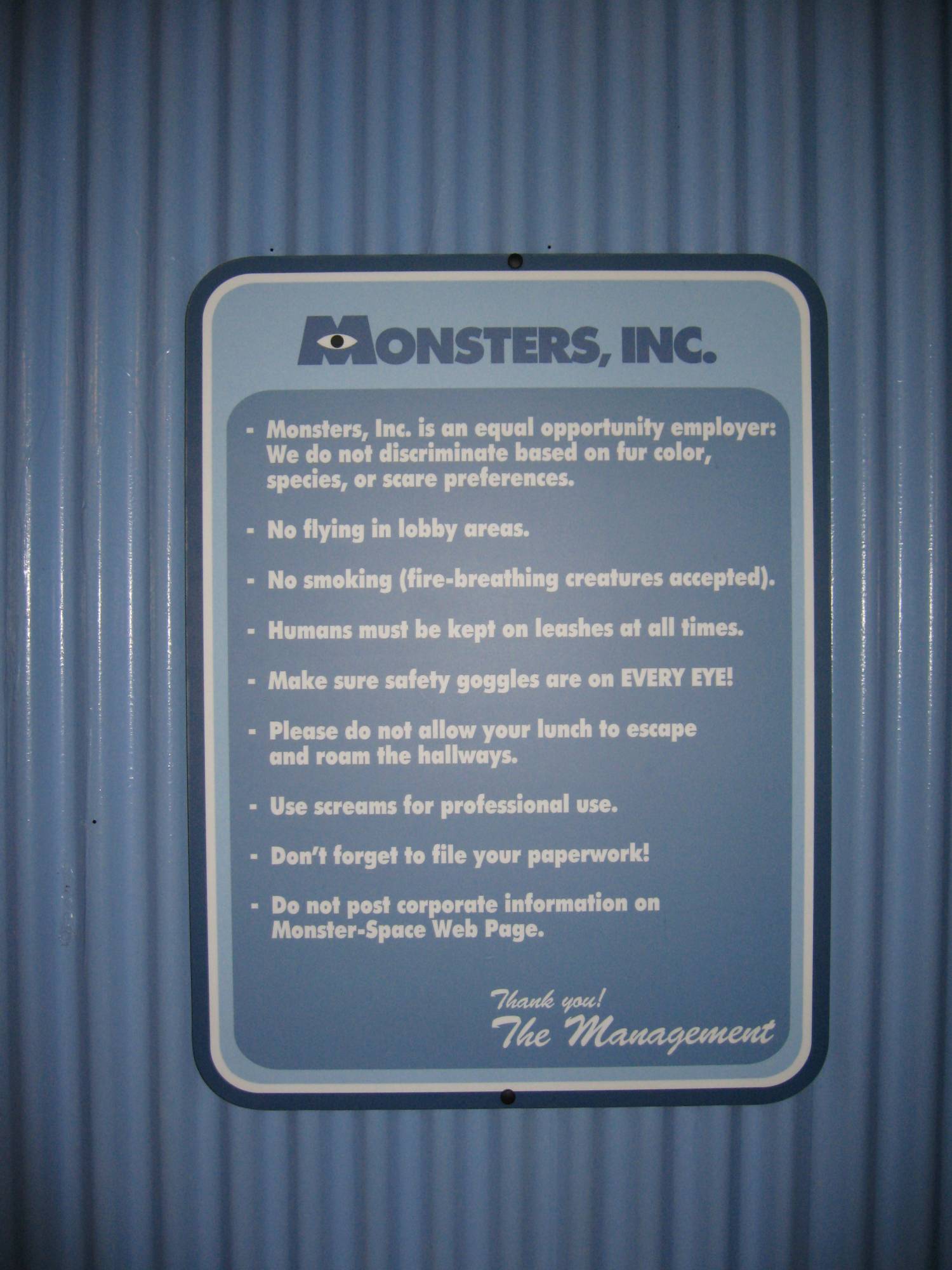 Monsters Inc Employee Sign