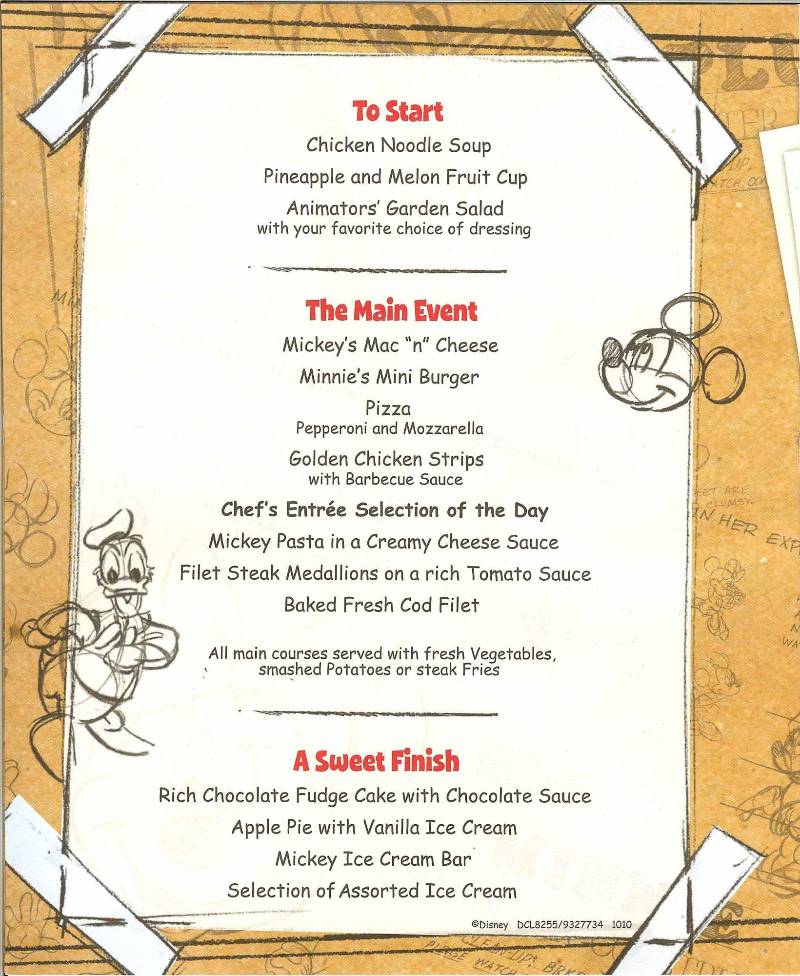 Disney Dream - Animators' Palate Kids Dinner Menu