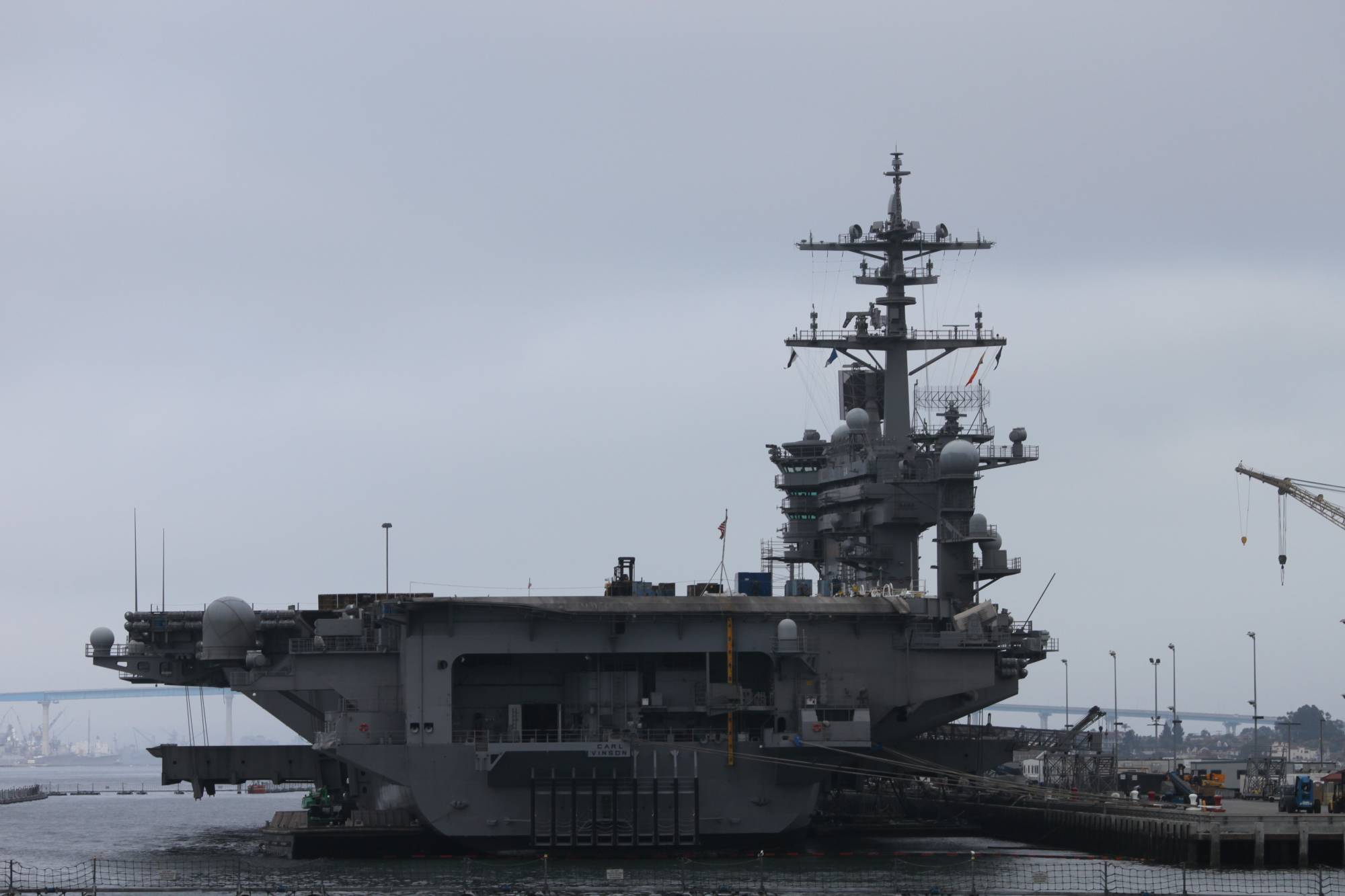 Aft end of the USS Carl Vinson in port in San Diego