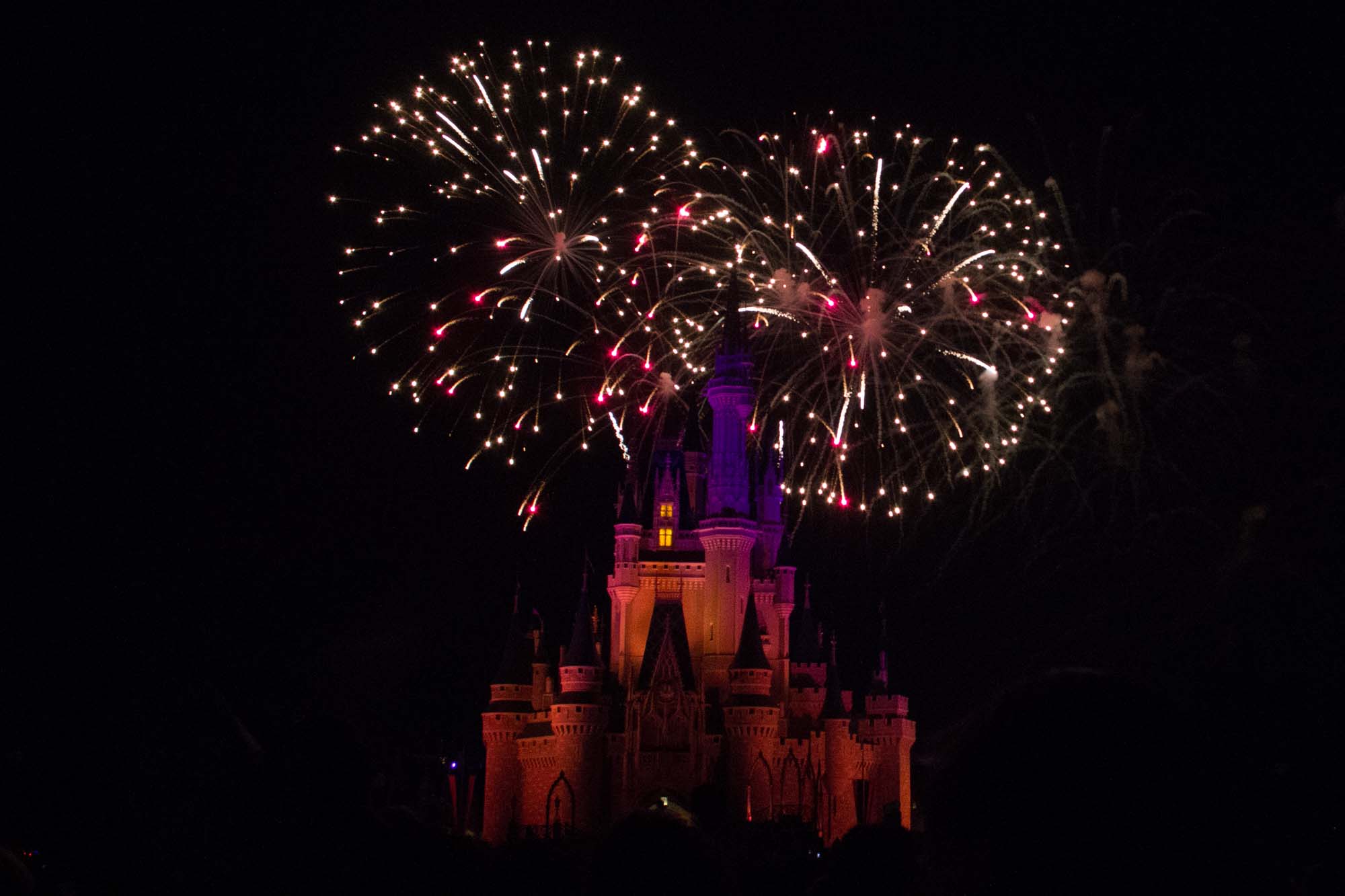 Wishes - Double Fireworks over Orange and Purple Castle