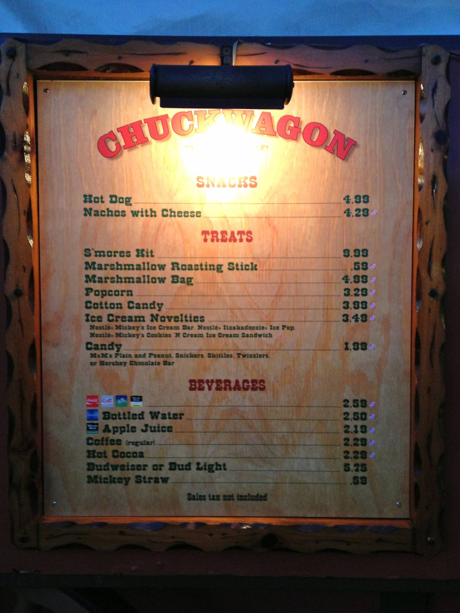 Menu at Chip 'n Dale's Campfire Sing-a-long at Fort Wilderness