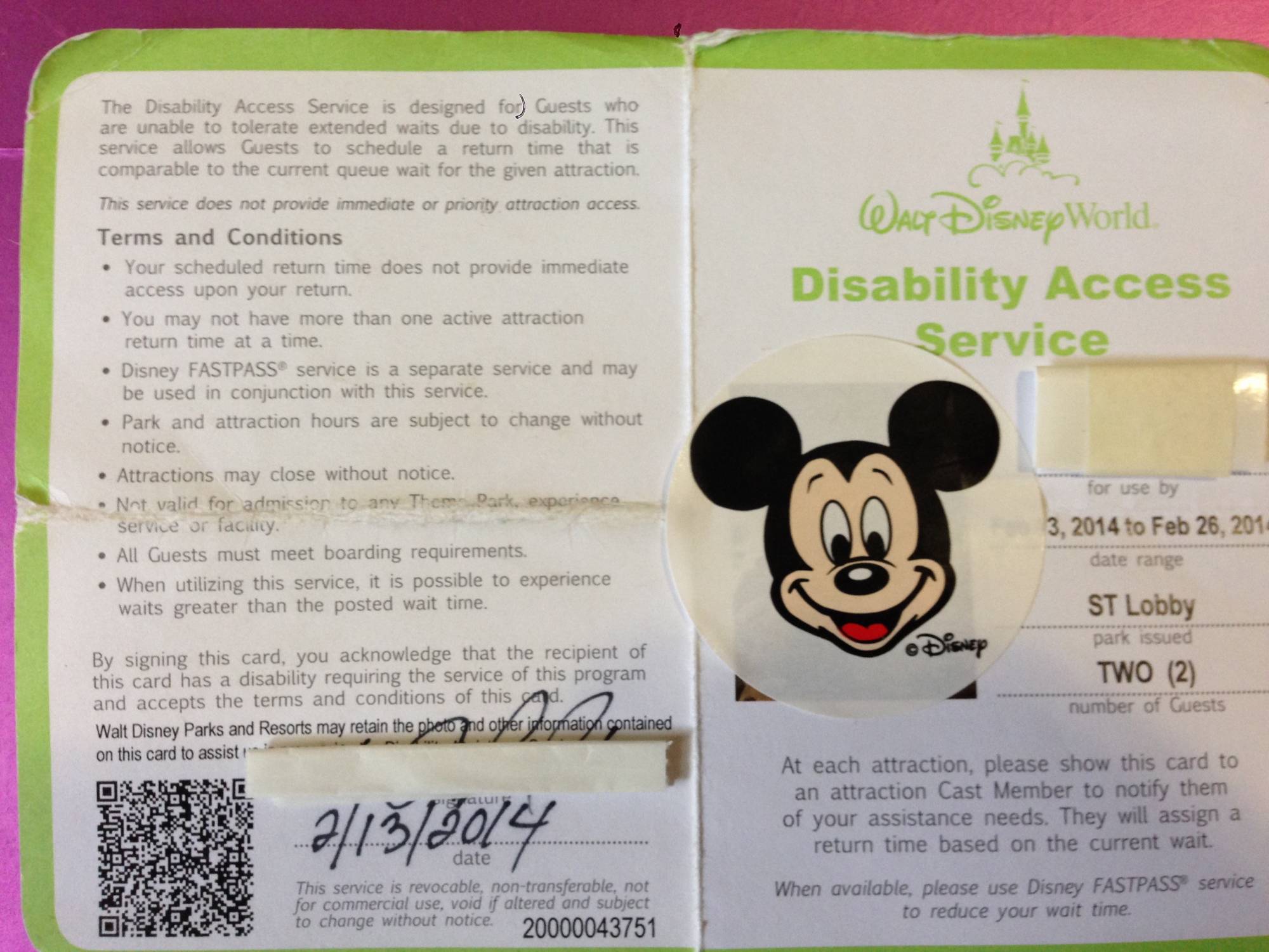 Disability Access Service Pass Front and Back
