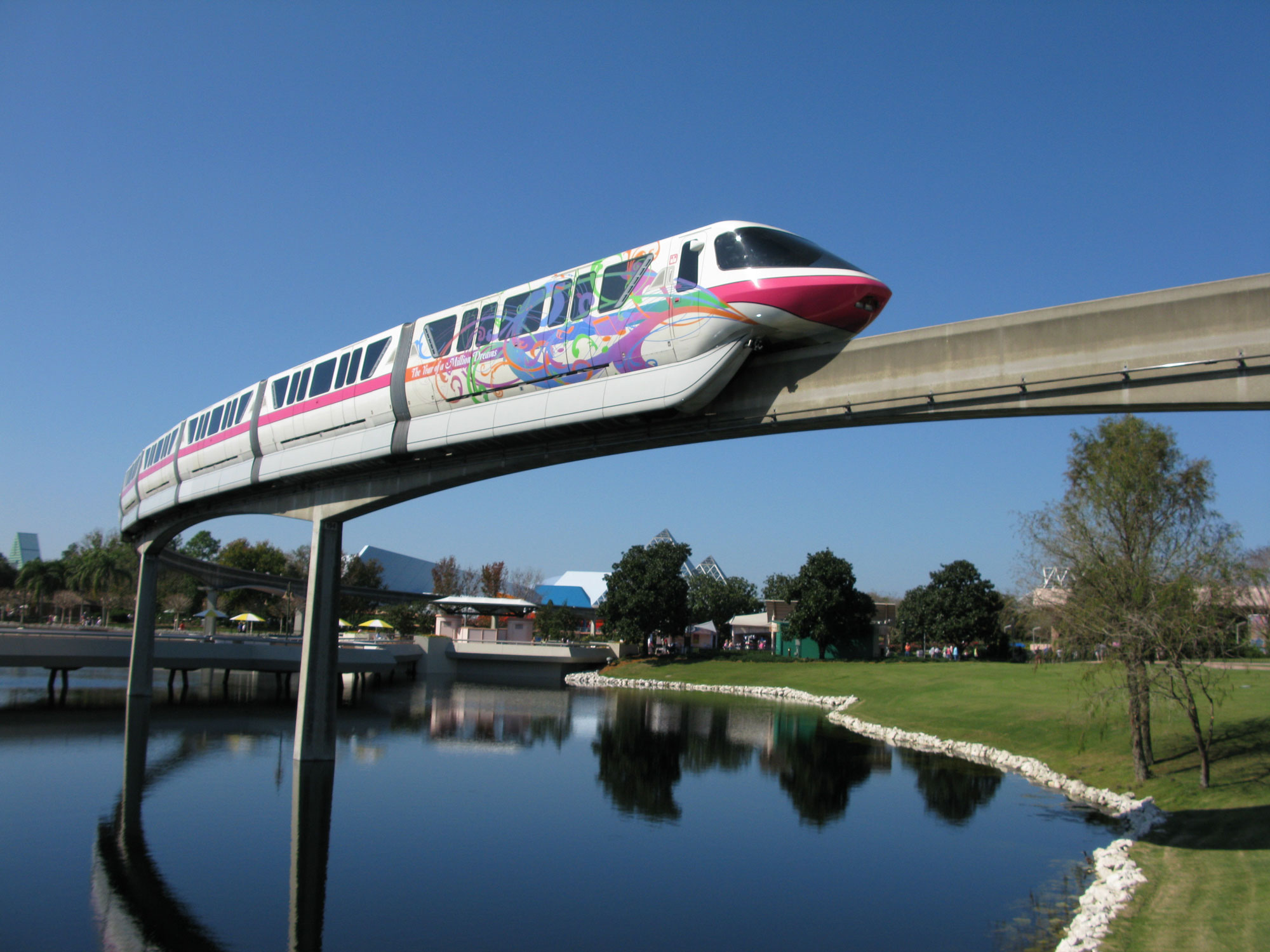 Pink monorail passing by