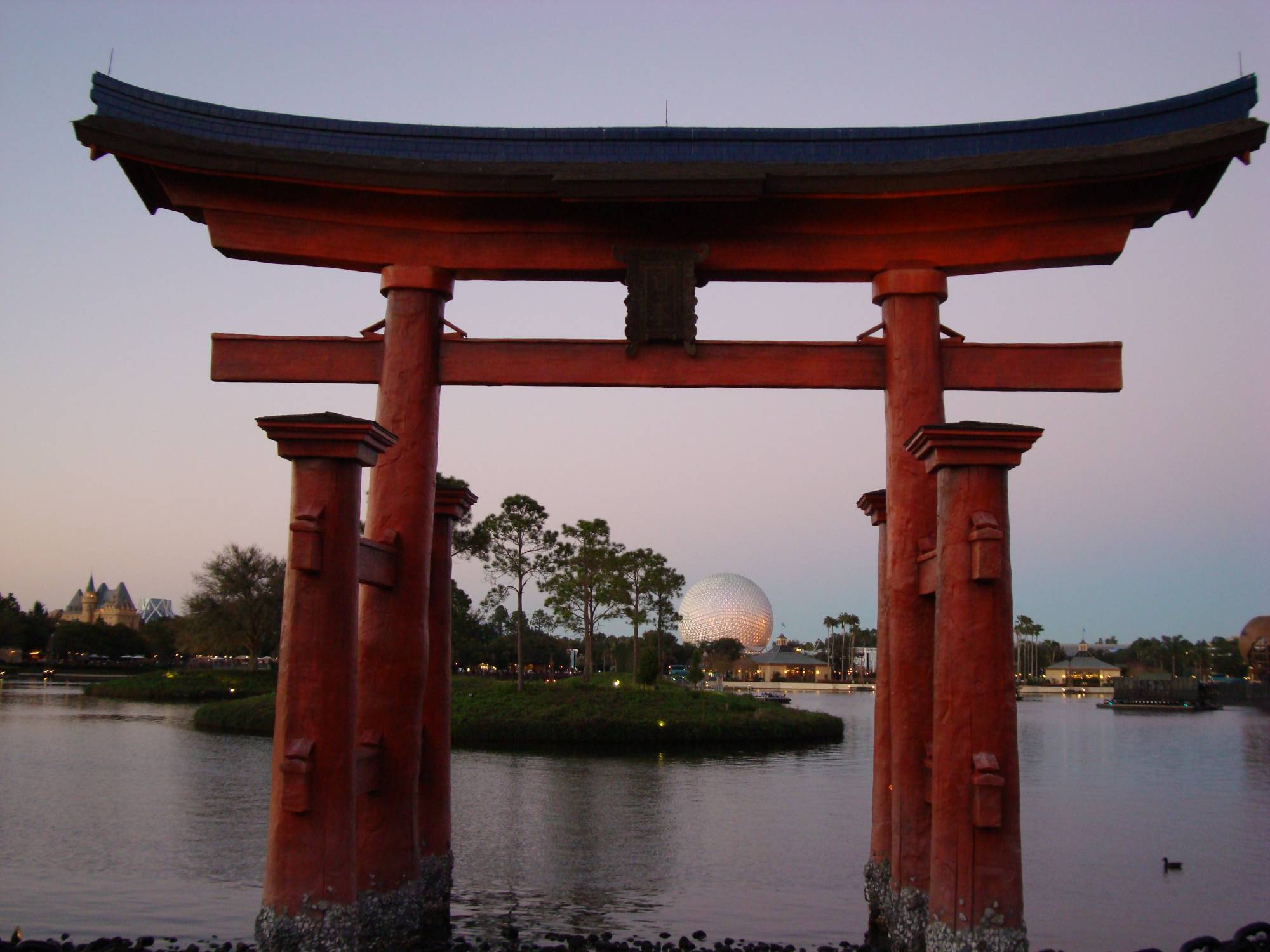 Epcot - Japanese Torii gate and Spaceship Earth